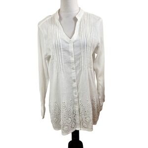 Novica XXL White Cotton Pintuck Mandarin Collar Button‎ Down Blouse Beachy Top